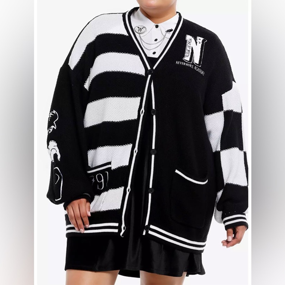 Wednesday Black & White Stripe Patches Slouchy Cardigan